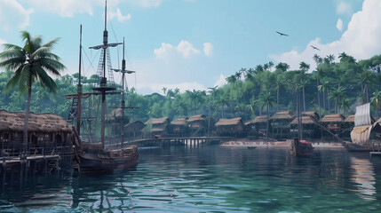 boats in the Caribbean port , pirates port , concept art