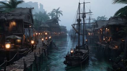 Obraz premium boats in the Caribbean port , pirates port , concept art