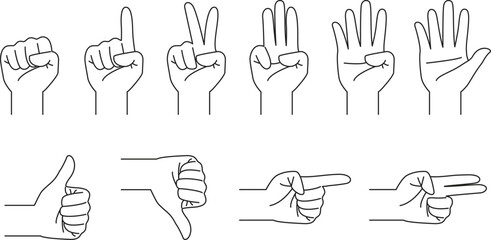 doodle hands with different gesture, hand drawn, outline vector, counting hand - obrazy, fototapety, plakaty