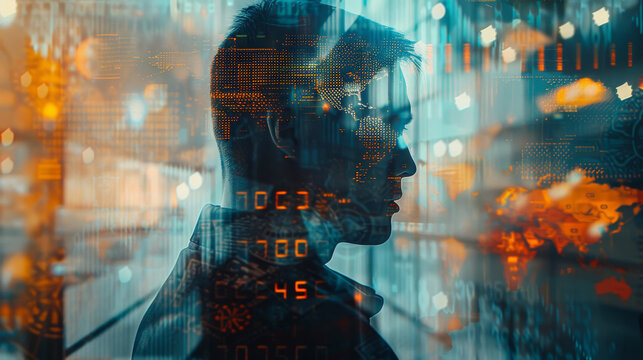 An artistic double exposure of a financier in thought, combined with images of currency, stocks, and global maps, conveying global finance and trade.