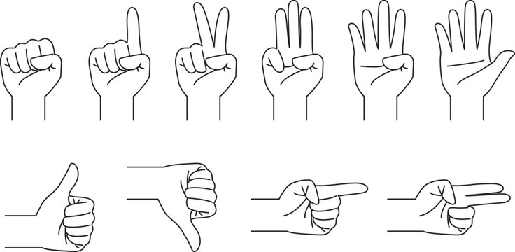 doodle hands with different gesture, hand drawn, outline vector, counting hand