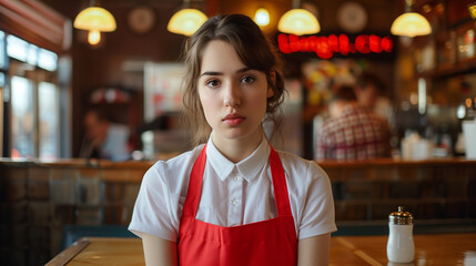 beautiful cute waitress in the cafe - obrazy, fototapety, plakaty
