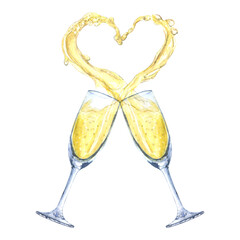 Champagne glass heart watercolor drawing two love. Golden sparkling party valentine goblet celebration. Wedding couple festival anniversary holiday drink. Isolated on white background