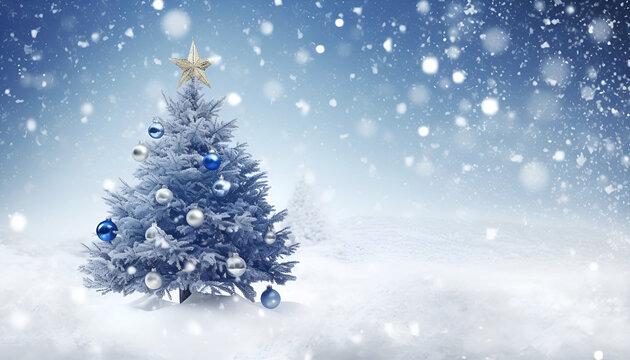 Christmas tree with snow decorated  Christmas blue festive bokeh background