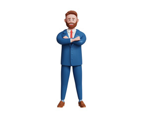 3D confident businessman in blue suit standing with crossed arms. CEO, entrepreneur, leadership, success, management concept. 3d illustration