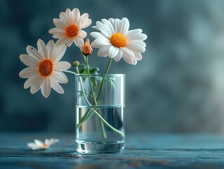 soft toned photo of a daisy in a simple glass vase, dark background, elegant, fine art style pure beauty