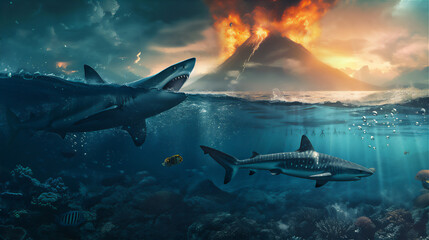 sharks and colorful fishes in under water sea with dramatic sky and volcano mountain eruption...