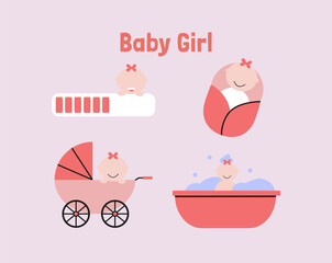 Baby flat vector for baby shower and nursery illustration. Twin baby, children, boy and girl illustration. Baby activity kicking bump.