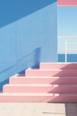 Pink and blue converge in architectural tiled building formation
