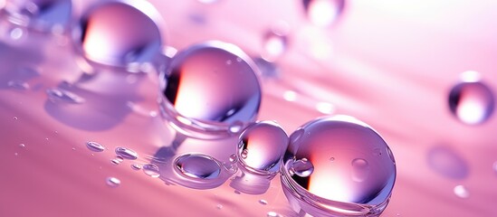 A macro shot of liquid water drops on a pink petal, showcasing a vibrant mix of violet, magenta,...