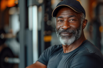 A man with a beard and hat is training in the gym. Senior African American trainer fitness instructor