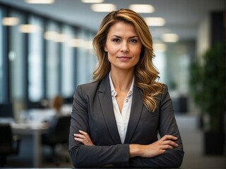 Professional and confident woman with a powerful stance in a corporate office setting highlights leadership and success