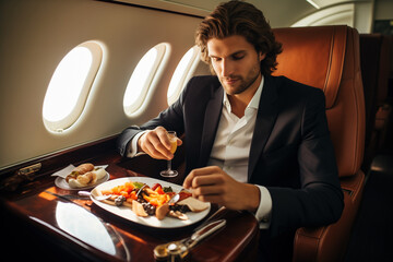 Sky-High Indulgence: Businessman Savors an Opulent Meal Aboard a Private Jet in Ultimate Luxury. Ai generated