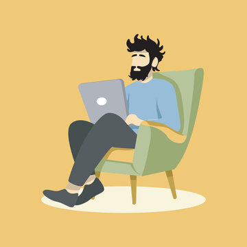 Flat Illustration Character of a Cheerful Man Working on Laptop