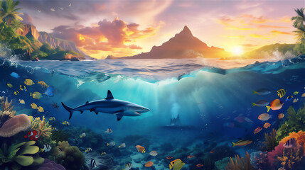 shark and colorful fishes in under water sea bay with sunrise sky and volcano mountain background above it