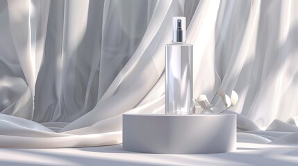 Realistic transparent cosmetic spray bottle advertising scene illustration. Elegant luxury fabric draped podium for displaying beauty products or presentations. 3d realistic