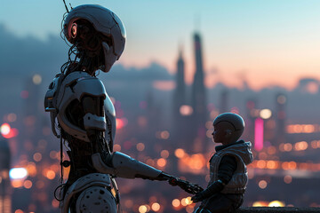 Cyborg taking care of a small kid, futuristic city in the background at blue hour. Ai generated