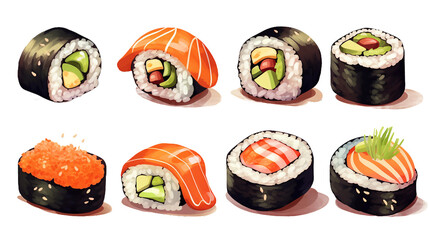 Savor the Essence of Japan through our Assorted Sushi Collection on a Transparent Background – Ideal for Restaurants, Menus, and Foodie Creations
