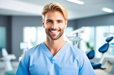 Fototapeta premium Professional friendly european male doctor in medical coat workwear posing over light at meeting room background, young adult physician with stethoscope looking and smiling at camera. Clinic interior