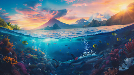 shark and colorful fishes in under water sea with sunrise sky and volcano mountain background above...