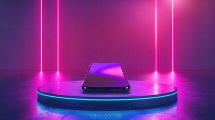 Realistic neon podium scene for product display or presentation. Futuristic neon laser beam light vector illustration. 3d modern smartphone mockup,generative ai, generative,ai
