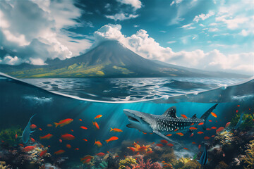 shark and colorful fishes in under water sea with blue sky and volcano mountain background above it