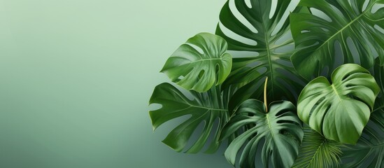 Monstera leaves on a light green backdrop