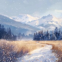 Flower-filled Pathway in a Snowy Mountain Range Generative AI - obrazy, fototapety, plakaty