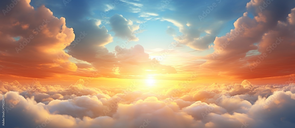 Poster the suns rays are breaking through the fluffy cumulus clouds in the sky, creating a beautiful afterg