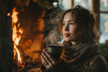 Beautiful woman next to a fireplace drinking and enjoying a steamy coffee mug, vintage mood and feel. Ai generated