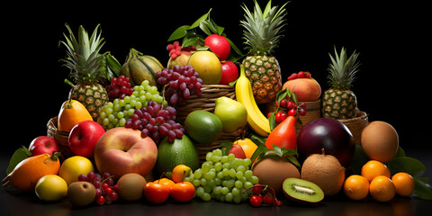 Assortment of fresh fruits and water splashes on panoramic background
