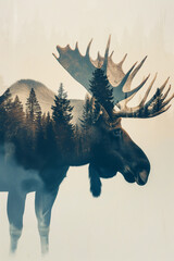 Fine Art Print of Moose Shape Double Exposure with Pine Forest, Artistic Composition in Muted Greens and Browns on White Background