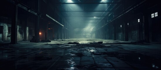 Desolate and eerie interior of an abandoned industrial building at night