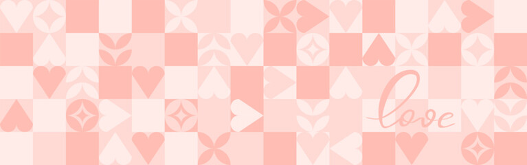 Seamless pink background for Mother's Day card template. Trendy geometric shapes with circles, squares and hearts in retro style for a Valentine's Day or wedding day cover.