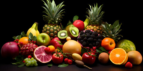 Naklejka na ściany i meble Assortment of colorful ripe tropical fruits. Top view, Organic fruits. Healthy eating concept. Top view 
