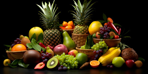 Various types of fruits with aesthetic arrangement top view, Fresh fruits and berries
