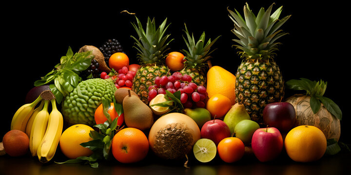 Panorama with juicy fruits fruits background HD 8K wallpaper Stock Photographic Image, The Fruits Are All Together In A Pile Background

