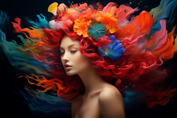 Beautiful girl with vibrant sea corals adorning her hair, surrounded by an ocean of vibrant coral colors against a dark background. Ai generated