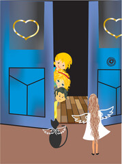 composition with children looking out the door and seeing an angel - 756228432