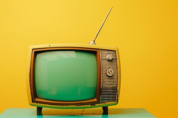 Vintage TV on Yellow Wall A Nostalgic Trip Down Memory Lane Generative AI