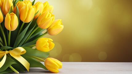 Holiday background with bouquet of yellow tulips