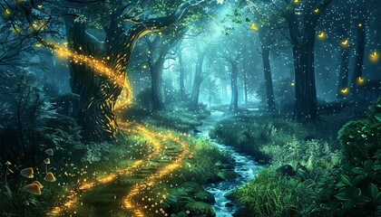 Glowing Path in the Forest A Magical Nighttime Adventure Generative AI
