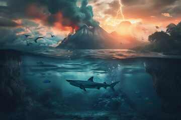shark and fishes in under water sea with volcano mountain eruption background above it at sunset