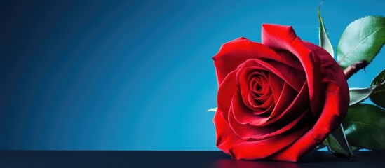 A hybrid tea rose, with its vibrant red petals, elegantly placed on a table against an electric blue background, showcasing the beauty of this flower from the Rose family