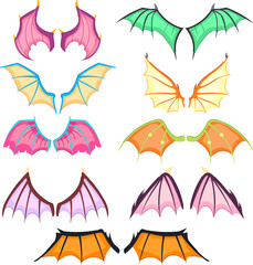 wings dragon set cartoon. vampire tribal, flame angel, cute hell wings dragon sign. isolated symbol vector illustration