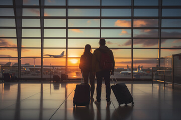 Couple stands united with suitcases, ready to embark on a journey together. Viewed from the back, capturing the anticipation of travel. Ai generated