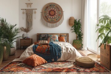 A bohemian bedroom design, characterized by eclectic patterns