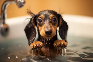 Adorable Dog Takes a Refreshing Bath. Charm overload as a cute dog indulges in a bubbly bath, showcasing irresistible cuteness and the joy of a refreshing soak. Ai generated