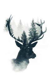 Majestic Deer Silhouette in Double Exposure with Pine Forest and Fog, Beautiful Gradients, White Background. Ai generated