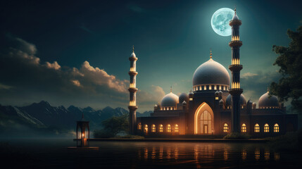 A large beautiful mosque against the backdrop of the night sky, a crescent moon. Islamic background and symbolism.Eid ul fitr, Ramadan Kareem,Eid al Adha, Eid Mubarak - obrazy, fototapety, plakaty